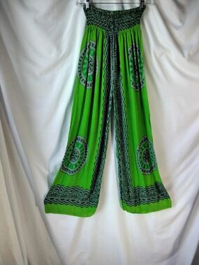 Boho Smocked Waist Wide Leg Green Printed Women's Pants